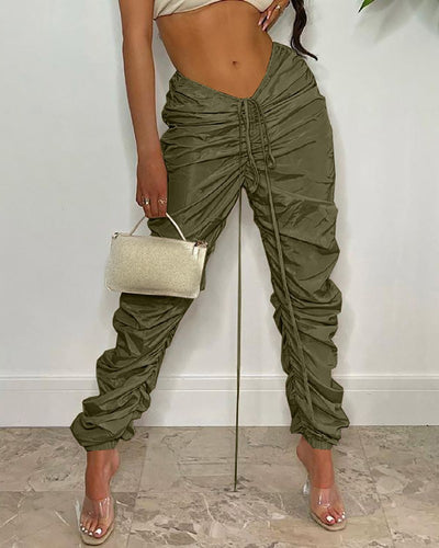 Solid Runched Leg Drawstring Pants